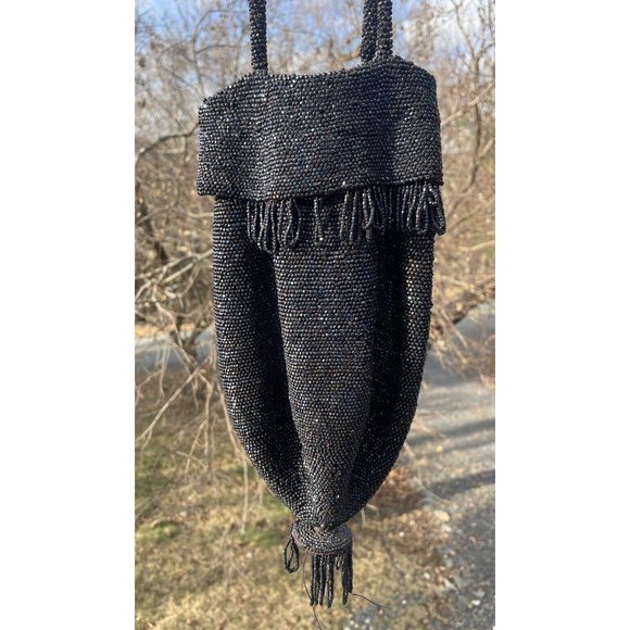 Antique Vintage 20th C.  Dark Iridescent Beaded Flapper Art Deco Glass Purse Bag - Picture 16 of 16